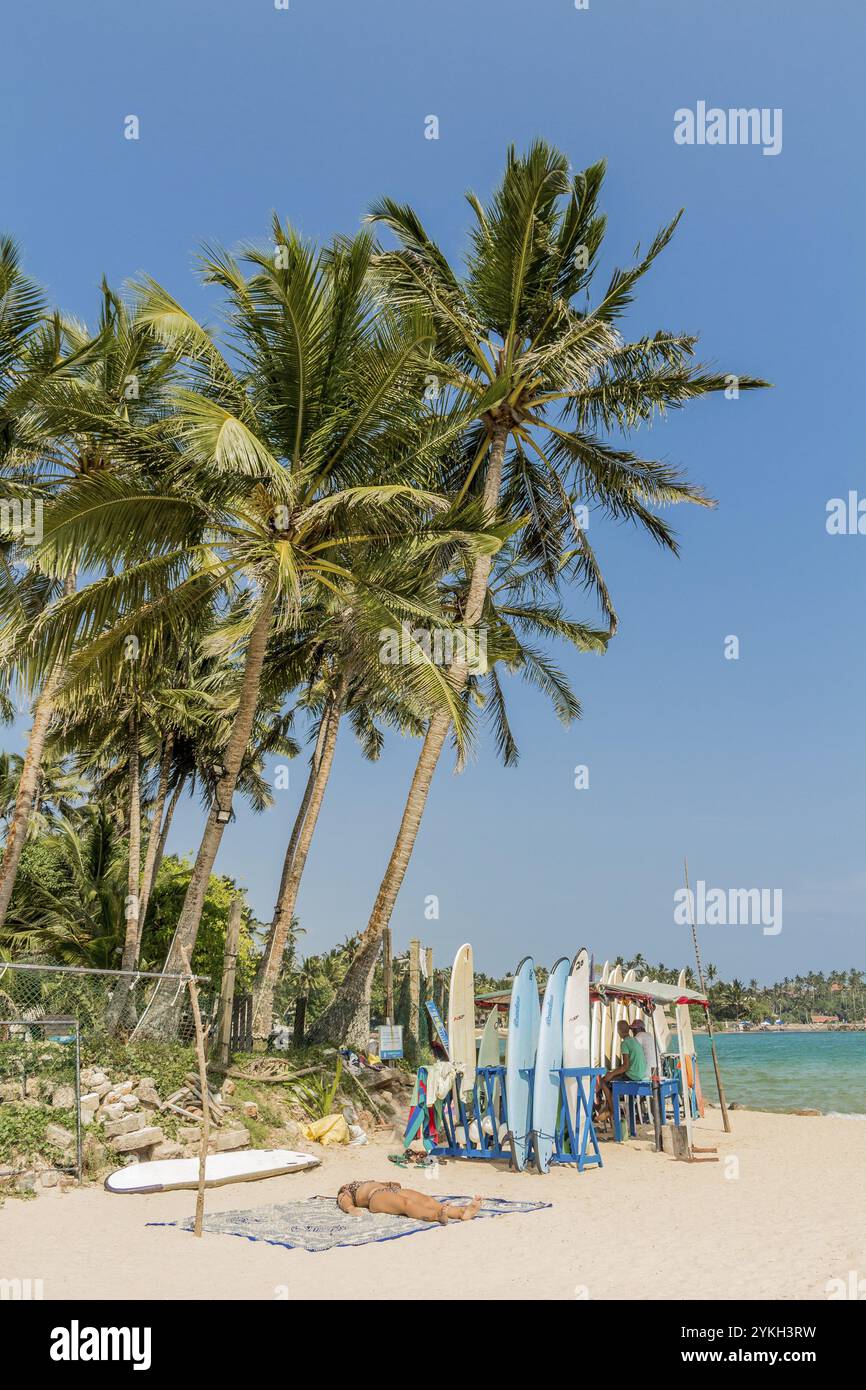 Surfbretter und Wassersport am Mirissa Beach, Sri Lanka, Asien Stockfoto