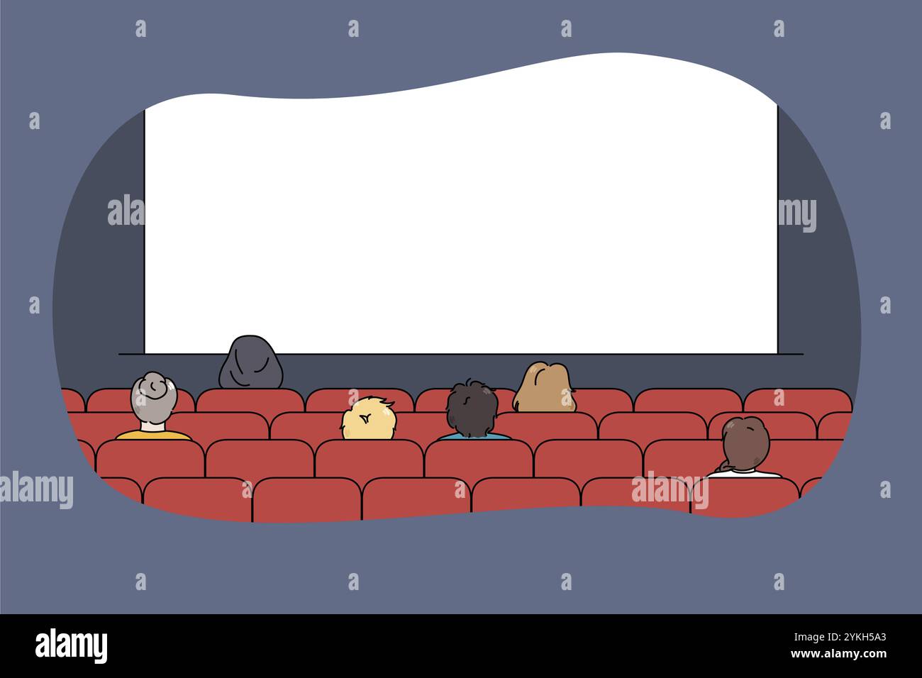 Rückansicht von Personen, die im Kino sitzen und eine Premier Show ansehen. Zuschauer oder Kunden genießen den Abend im Kino Blick auf die Projektionsleinwand. Mockup, moti Stockfoto