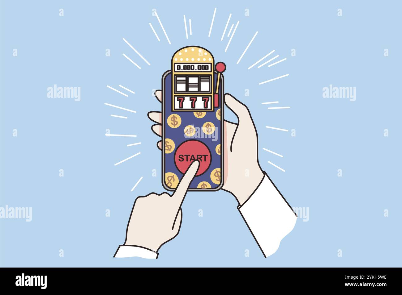 Online-Wetten und Glücksspiel-Konzept. Menschliche Hände halten Smartphone mit Wetten und Start-Taste auf dem Bildschirm über blauem Hintergrund Vektorgrafik Stockfoto