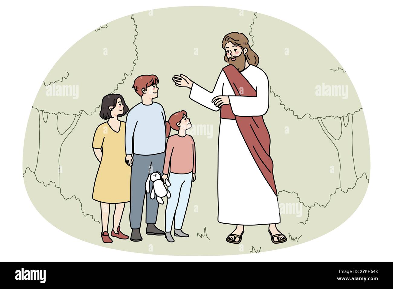 Lächelnder Jesus Christus, der mit kleinen Kindern im Garten spricht. Fürsorgliche Messias sprechen draußen mit kleinen Kindern. Religion und glaube. Vektorabbildung Stockfoto