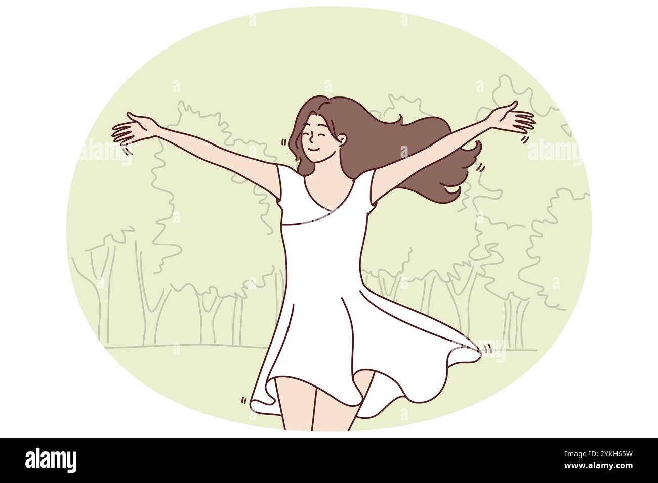 Glückliche Frau läuft in weißem Kleid durch den Park und genießt warmes Sommerwetter. Junge, schöne Frau mit langen Haaren freut sich auf Wandern und heißem Spri Stockfoto