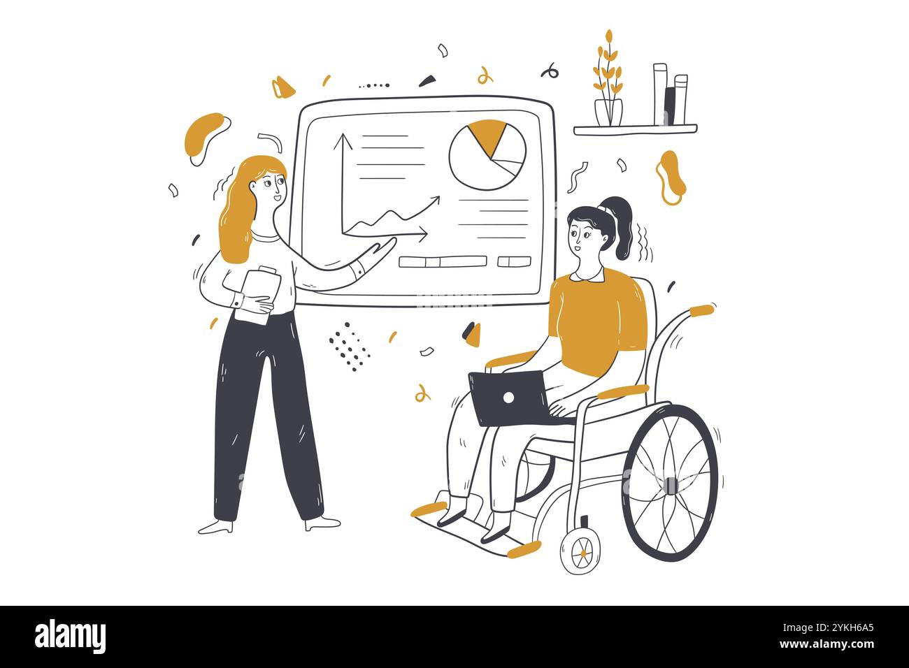 Business, Corporate Meeting, Präsentationskonzept. Geschäftsfrau Angestellte Manager präsentiert Analyse-Daten-Bericht an behinderte weibliche Kollegen Stockfoto