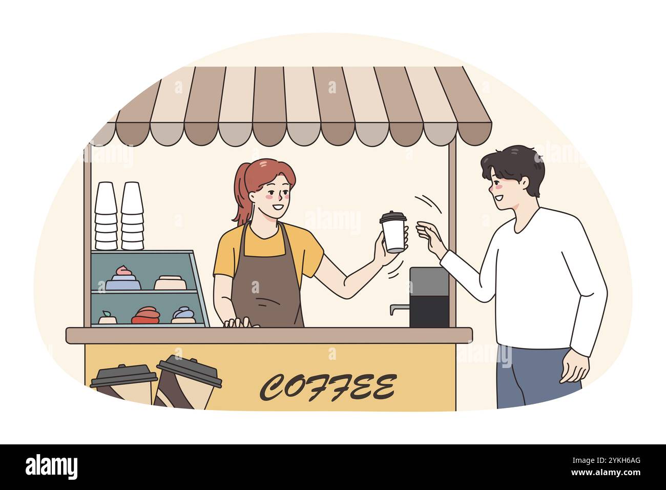 Lächelnder Mann kauft sich Kaffee zum Mitnehmen im Straßencafé von einer Barista. Happy girl dienen Kerl Kunde machen Espresso oder Cappuccino in der Cafeteria. Klein Stockfoto