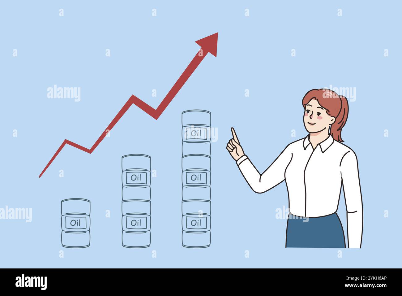 Lächelnde Geschäftsfrau zeigt, dass die Öl- und Gaspreise an der Börse steigen. Weibliche Angestellte zeigen einen Anstieg von Kraftstoff und Erdöl auf der Grafik oder der Tabelle. Gaso Stockfoto