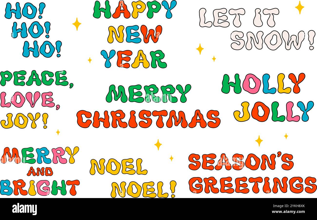 Weihnachtsgrußtext im Retro-Stil Groovy Vintage-weihnachtszitate. Ideal für Weihnachten und Neujahr Sticker Designs und Dekorationen, Vektor Stock Vektor
