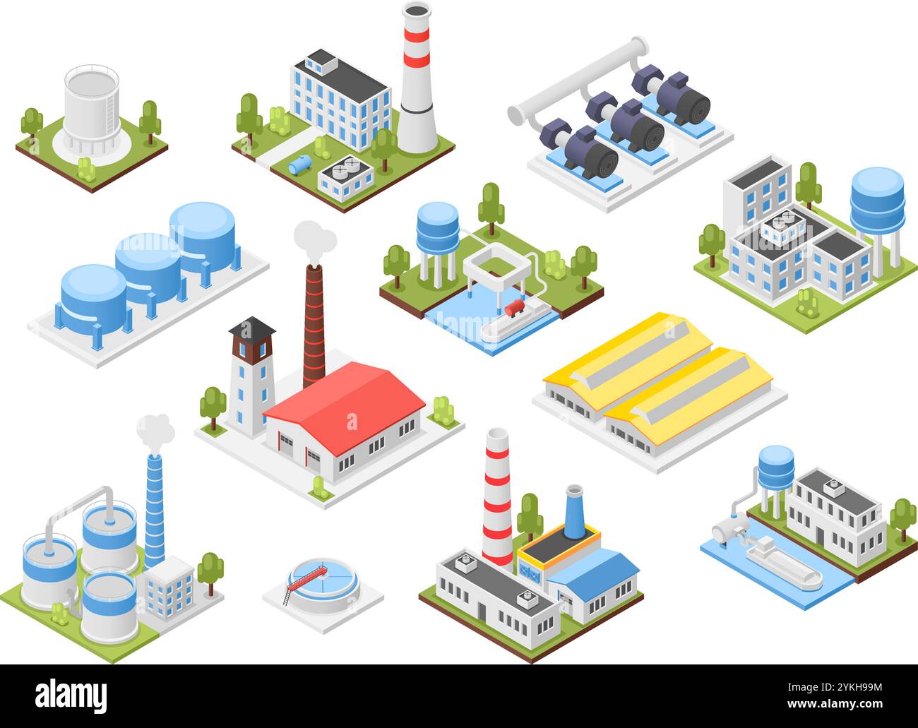 Isometrische Industriegebäude. Fabrik, Fabrikgebäude mit Rohren und Leitern. Verschiedene Tanks Schornsteinlager. Fehlerfreie Vektorelemente für die Industrie Stock Vektor