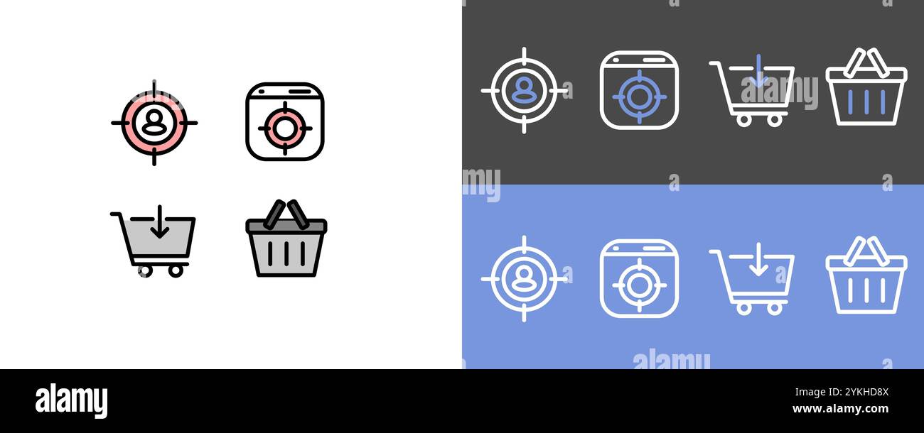 E-Commerce- und Online-Shop-Symbolsatz – moderne Zielgruppen- und Warenkorbsymbole Stock Vektor