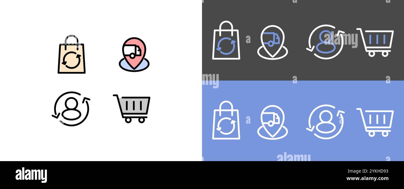 E-Commerce- und Online-Shop-Symbolsatz – moderne Warenkorbaktualisierung, Lieferort, Benutzeraktualisierung und Warenkorbsymbole Stock Vektor
