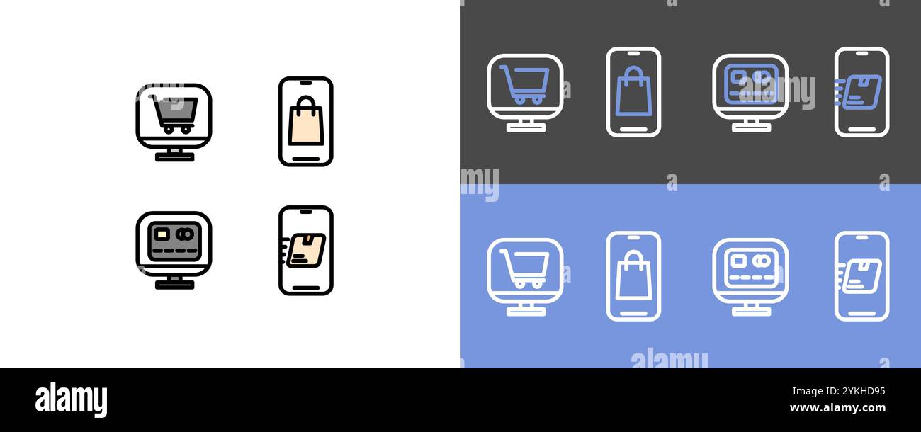 Symbolsatz für E-Commerce und Online-Shop – moderner Warenkorb, Warenkorb auf einem Smartphone, Zahlungsmethoden, Kredit- oder Debitkarte und Symbole für die Paketzustellung Stock Vektor