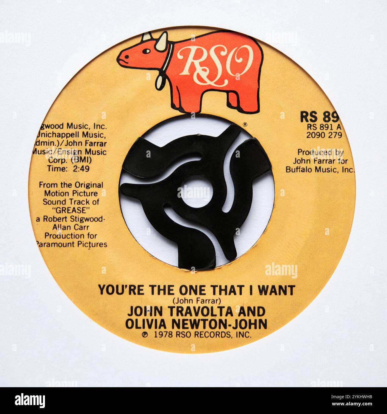 Center-Label der Sieben Inch Single Version von You're the One That I Want von John Travolta und Olivia Newton-John, die 1978 veröffentlicht wurde Stockfoto