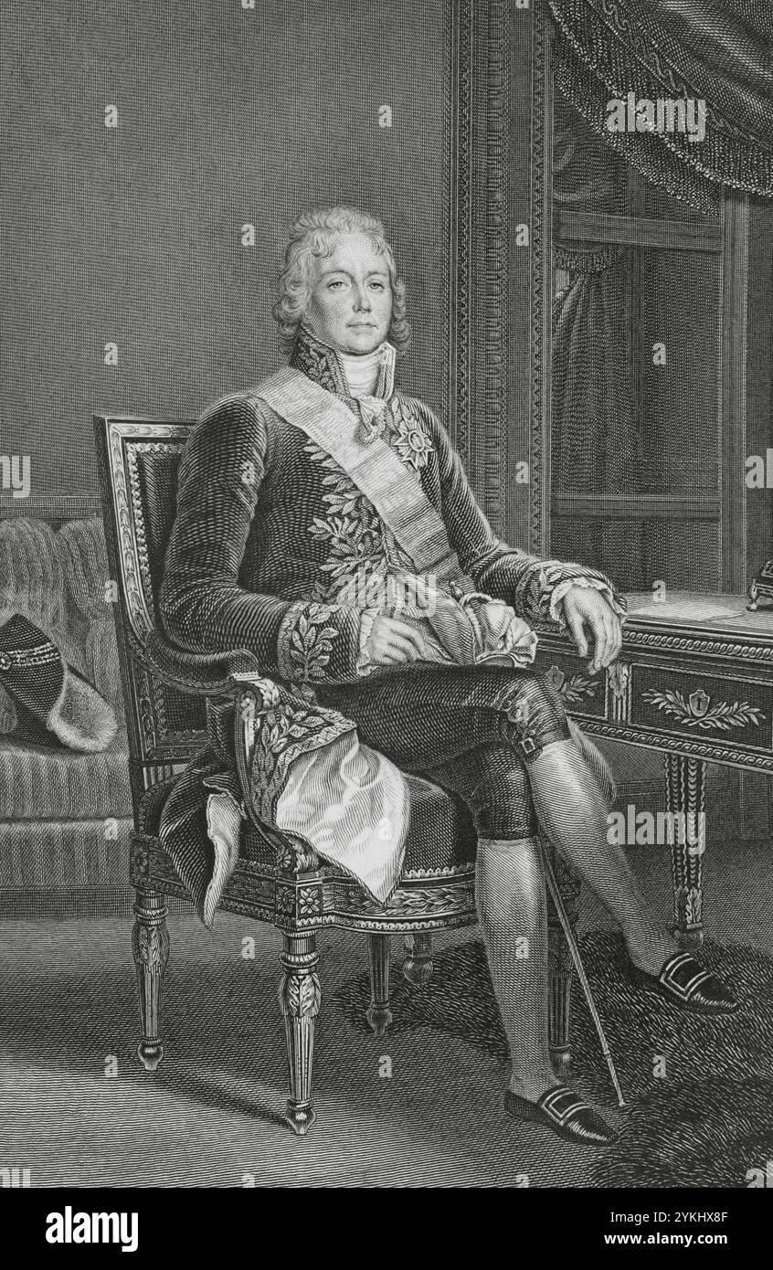 Charles Maurice de Talleyrand (Charles-Maurice de Talleyrand-Périgord) (1754-1838), Prinz von Talleyrand. Französischer säkularisierter Geistlicher, Staatsmann und Diplomat. 1779 wurde er zum Priester geweiht und 1788 zum Bischof von Autun ernannt. Während der Französischen Revolution hielt er sich an die Zivilverfassung des Klerus (1790) und verzichtete später auf das Priestertum, um ein säkulares Leben zu führen. 1789 wurde er zum stellvertretenden Klerus des Generalstabs gewählt. Präsident der verfassungsgebenden Nationalversammlung (16-27. Februar 1790). Französischer Botschafter im Vereinigten Königreich (1792-1793). Hochformat. Stich von Goutière. „Histoir Stockfoto