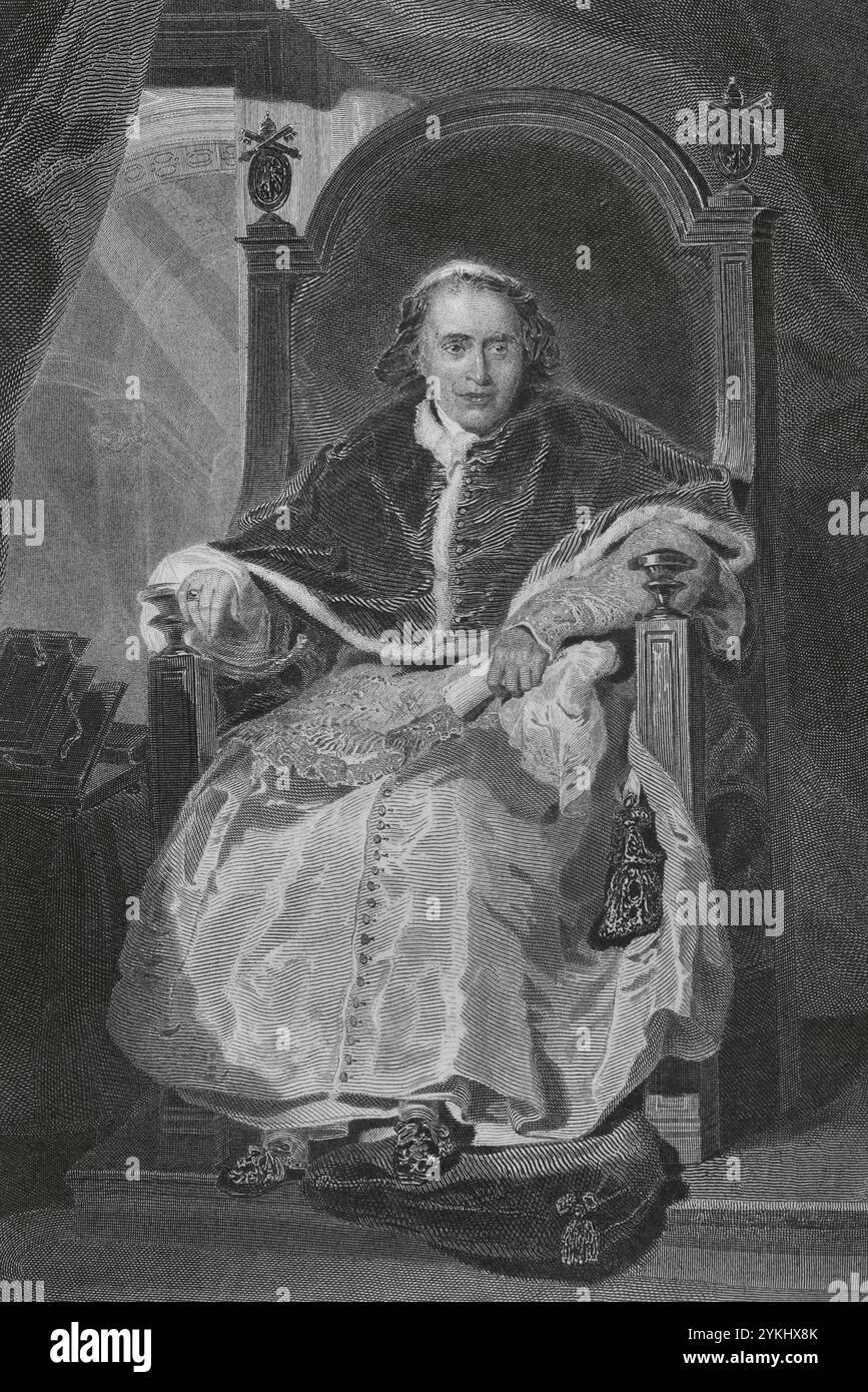 Pius VII (1742-1829). Italienischer Papst (1820-1823), geb. Barnaba (Gregorio) Chiaramonti. Hochformat. Stich von Tavernier nach einem Porträt von Thomas Lawrence (1769–1830). "Histoire du Consulat et de l'Empire" (Geschichte des Konsulats und des französischen Reiches unter Napoleon), von A. Thiers. Band III. Veröffentlicht in Paris, 1845. Stockfoto