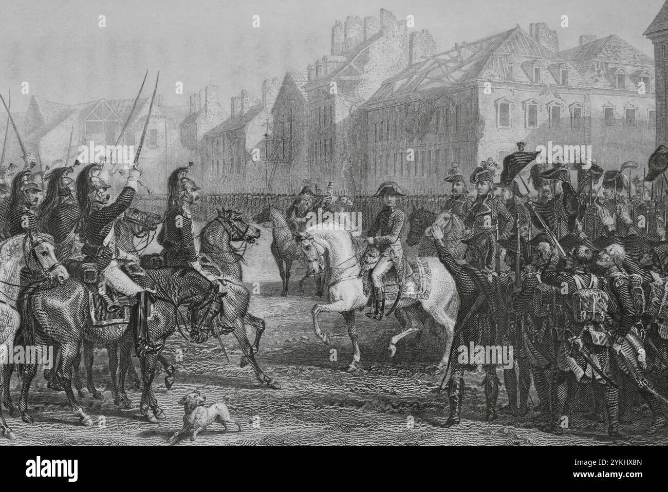 Erste Französische Republik (1792-1804). Französische Revolutionskriege. Napoleon überprüft die französische Armee in Lyon für den ägyptischen Feldzug (Armée d’Orient). Das französische Direktorium organisierte ein Militärkontingent unter Napoleon Bonaparte, das 1798 im osmanischen Ägypten eingesetzt werden sollte. Die Mission bestand darin, den Weg Großbritanniens zu seinen Kolonien in Indien zu blockieren. Zeichnung von Karl Girardet. Kupferstich von Rouargue. "Histoire du Consulat et de l'Empire" (Geschichte des Konsulats und des französischen Reiches unter Napoleon), von A. Thiers. Band III. Veröffentlicht in Paris, 1845. Stockfoto