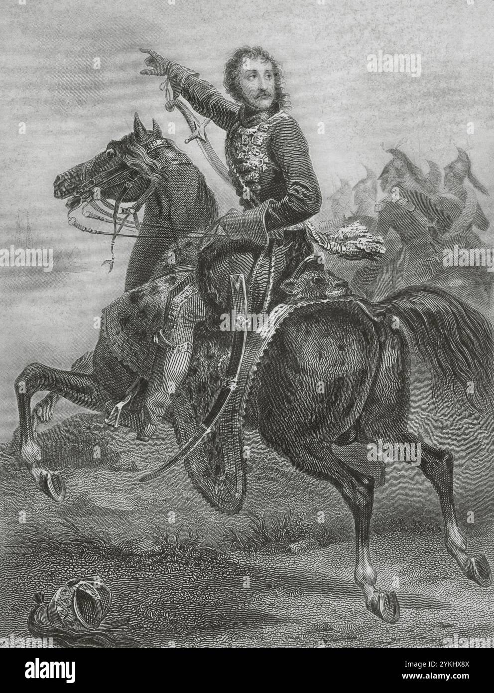 Joachim Murat (1767-1815). Französischer politischer und militärischer König von Neapel unter dem Namen Joachim I. (1808–1815). Murat bei der Schlacht bei Wertingen (8. Oktober 1805). Krieg der Dritten Koalition. Die französischen kaiserlichen Truppen unter der Führung der Marschälle Joachim Murat und Jean Lannes besiegten ein kleines österreichisches Korps unter dem Kommando des Feldmarschalls Franz Xaver von Auffenberg. Zeichnung von Charpentier. Kupferstich von Geoffroy. "Histoire du Consulat et de l'Empire" von A. Thiers. Band VI. Veröffentlicht in Paris, 1847. Stockfoto