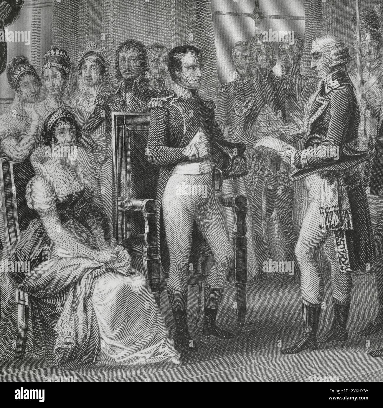 Napoleon I. Bonaparte (1769-1821). Konsul auf Lebenszeit (1802) und Kaiser der Franzosen (1804-1815). Am 18. Mai 1804 wurde Napoleon in Château de Saint-Cloud zum Kaiser der Franzosen ernannt. Schauplatz der Proklamationszeremonie. Zeichnung von Eugène Charpentier. Stich von T. Goutière. Details. "Histoire du Consulat et de l'Empire" (Geschichte des Konsulats und des französischen Reiches unter Napoleon), von A. Thiers. Band V. veröffentlicht in Paris, 1845. Stockfoto