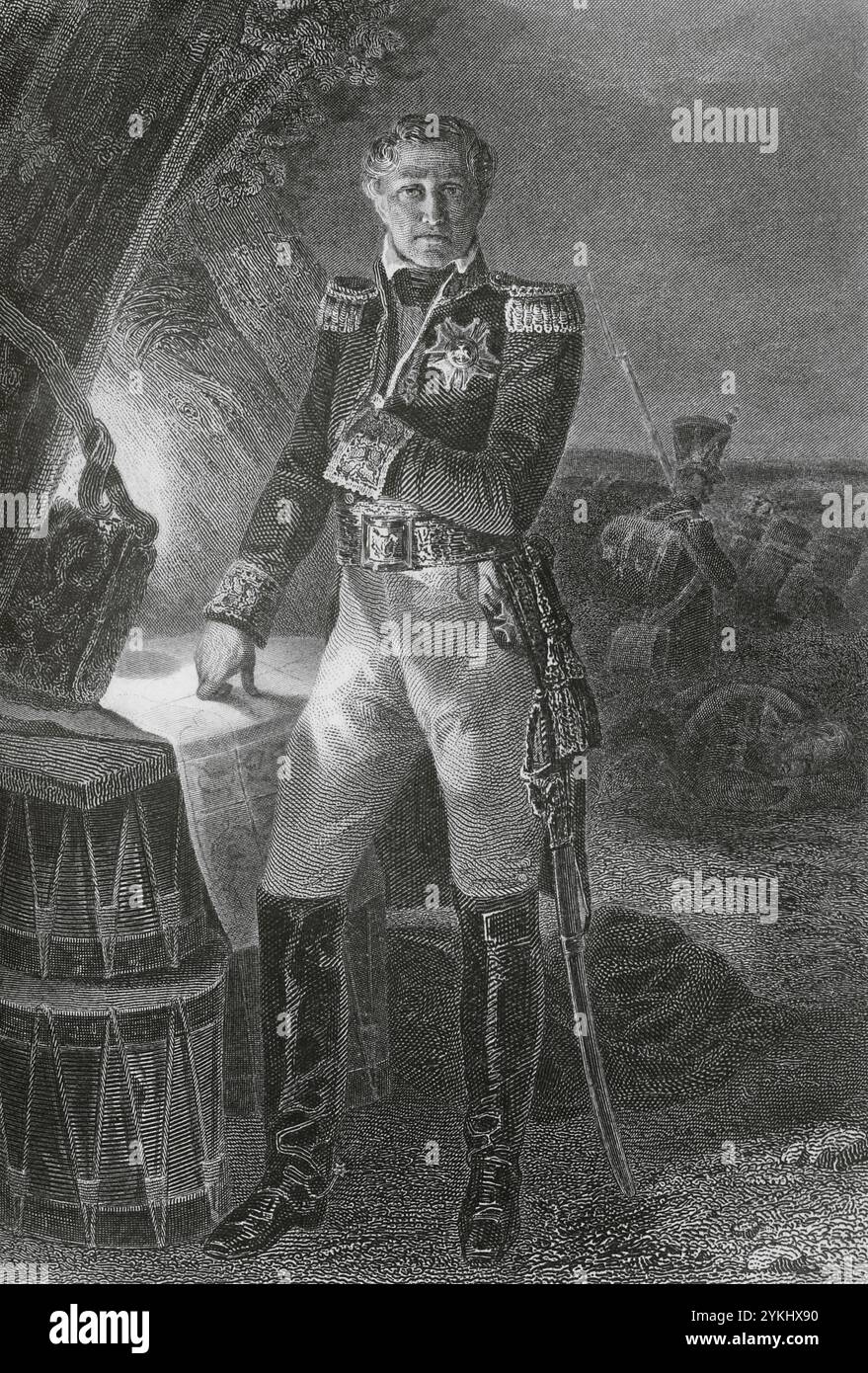 Laurent de Gouvion-Saint-Cyr (1764-1830). Französisches Militär. Er nahm an den Französischen Revolutionskriegen und den Napoleonischen Kriegen Teil. 1812 wurde er zum Marschall des Reiches befördert. Zeichnung von Massard nach einem Porträt von Horace Vernet. Gravur von Tavernier. "Histoire du Consulat et de l'Empire" (Geschichte des Konsulats und des französischen Reiches unter Napoleon), von A. Thiers. Band VIII. Veröffentlicht in Paris, 1849. Stockfoto