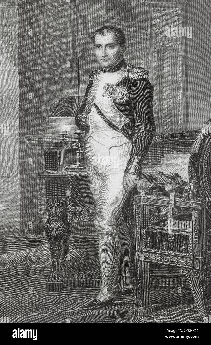 Napoleon I. Bonaparte (1769-1821). Konsul auf Lebenszeit (1802) und Kaiser der Franzosen (1804-1815). Stich von Vallot nach einem Porträt von Jacques-Louis David. "Histoire du Consulat et de l'Empire" (Geschichte des Konsulats und des französischen Reiches unter Napoleon), von A. Thiers. Band V. veröffentlicht in Paris, 1845. Stockfoto