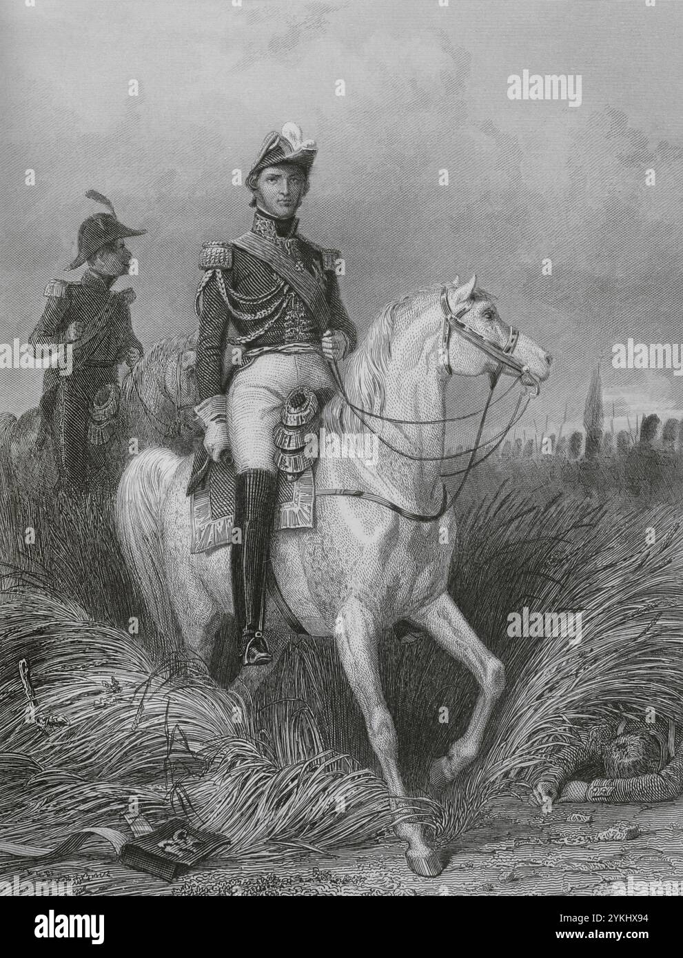 Louis-Nicolas Davout (1770-1823). Französischer Offizier und Marschall des Reiches 1804. Herzog von Auerstaedt und Fürst von Eckmühl. Reiterporträt. Zeichnung von Karl Girardet. Stich von Paul Girardet. "Histoire du Consulat et de l'Empire" (Geschichte des Konsulats und des französischen Reiches unter Napoleon), von A. Thiers. Band VII. Veröffentlicht in Paris, 1847. Stockfoto