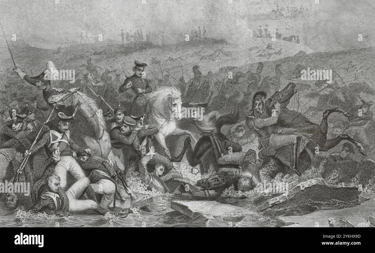 Schlacht bei Austerlitz oder Schlacht der drei Kaiser (2. Dezember 1805). Teil des Krieges der Dritten Koalition (Napoleonische Kriege). Die französische Armee Napoleons I. besiegte die russisch-österreichischen Truppen des Zaren Alexander I. und des österreichischen Kaisers Franz I., der von Karl Girardet gezogen wurde. Stich von Paul Girardet. "Histoire du Consulat et de l'Empire" (Geschichte des Konsulats und des französischen Reiches unter Napoleon), von A. Thiers. Band VI. Veröffentlicht in Paris, 1847. Stockfoto