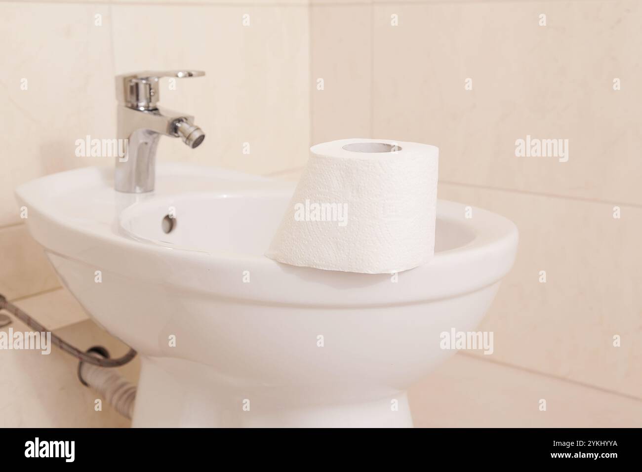 Toilettenpapier und Bidet, Bidet-Dusche oder Toilettenpapier Stockfoto