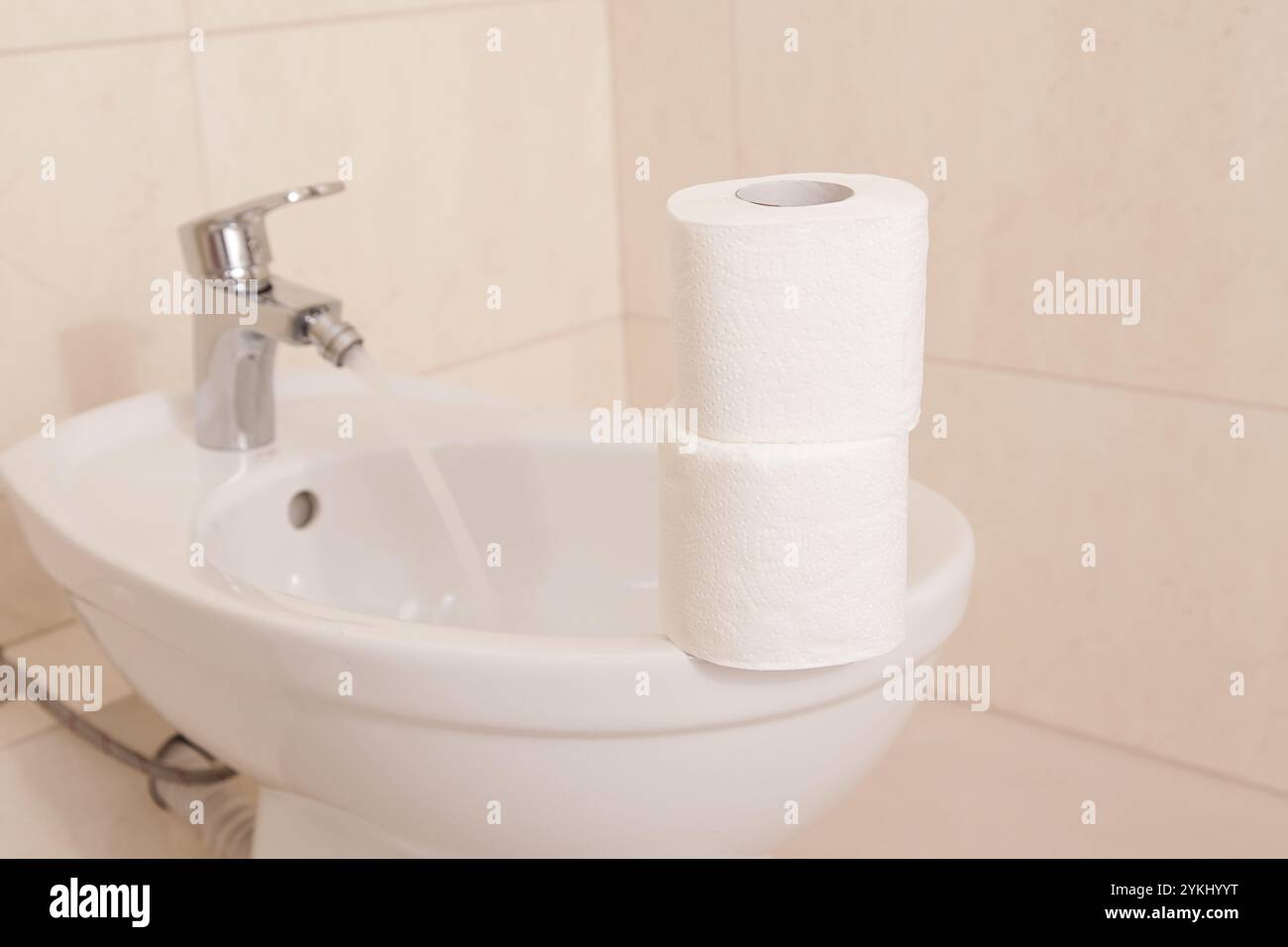 Toilettenpapier und Bidet, Bidet-Dusche oder Toilettenpapier Stockfoto