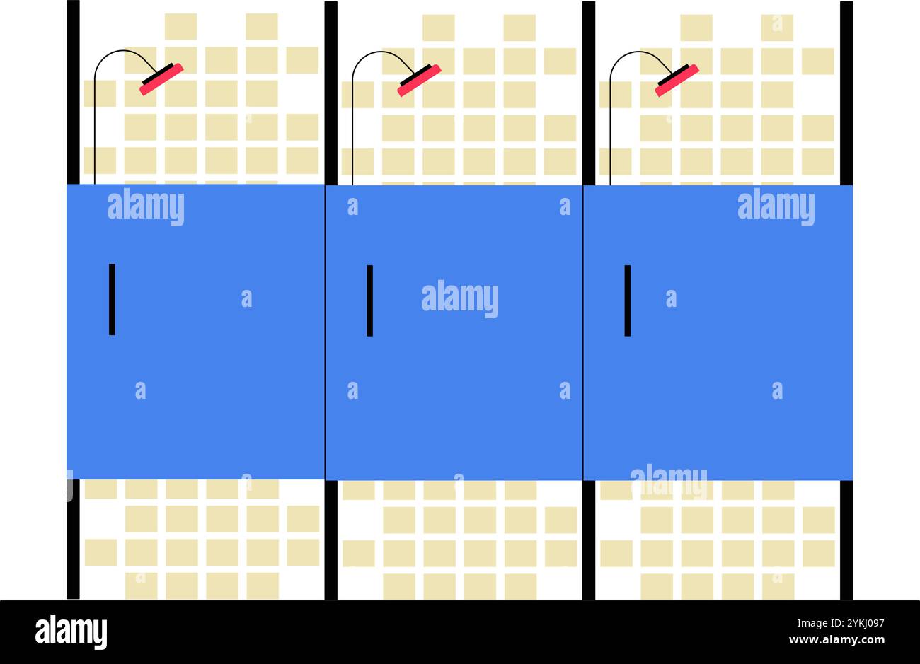 Reihe Von Duschkabinen Mit Blauen Trennwänden In Flacher Vektor-Illustration, Die Hygiene, Facility Design Und Öffentliche Einrichtungen Symbolisiert, Isoliert Auf Weiß Stock Vektor