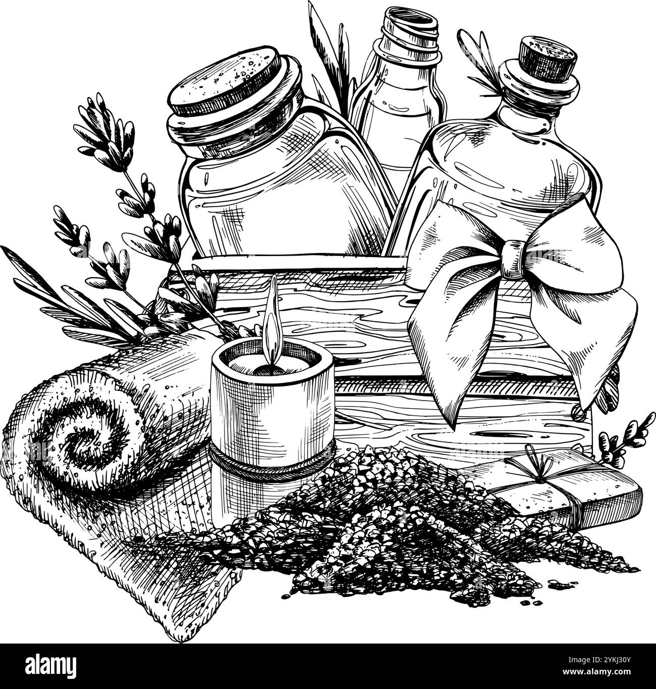 Glasgläser, Spa-Kerzen, Meersalz für das Bad, Handtuch, Seife mit Lavendelblüten. Grafische Illustrationen, handgezeichnet in Schwarzweiß-Monochrom Stock Vektor