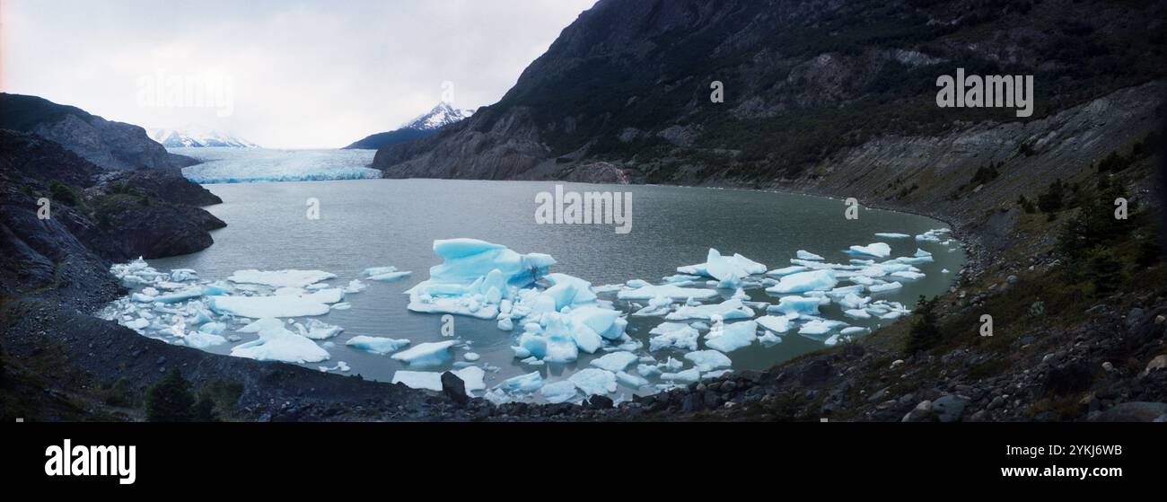 Panoramabild des grauen Gletschers, des lago Gray, des Nationalparks Torres Del Paine, Chile, Patagonien, Südamerika Stockfoto