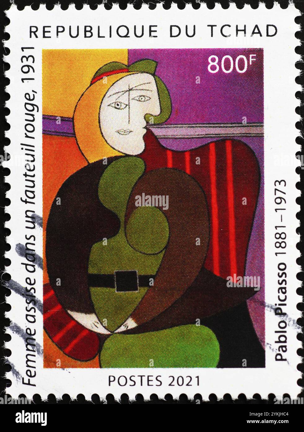 Porträt einer Frau von Picasso auf afrikanischem Stempel Stockfoto