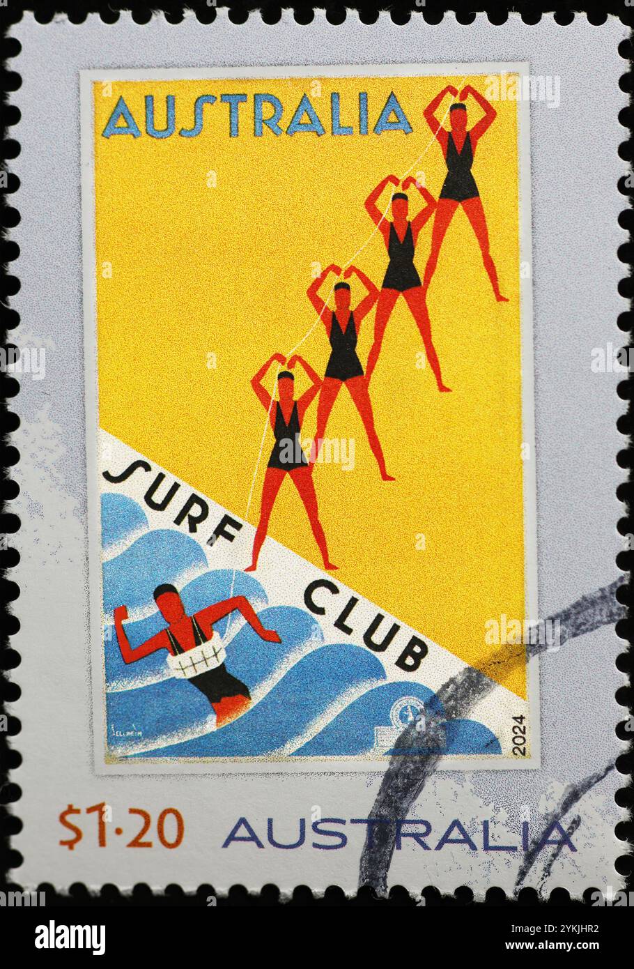 Vintage-Surf Club-Poster auf australischer Briefmarke Stockfoto