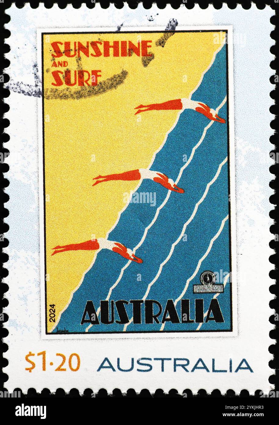 Vintage-Touristenplakat auf australischer Briefmarke Stockfoto
