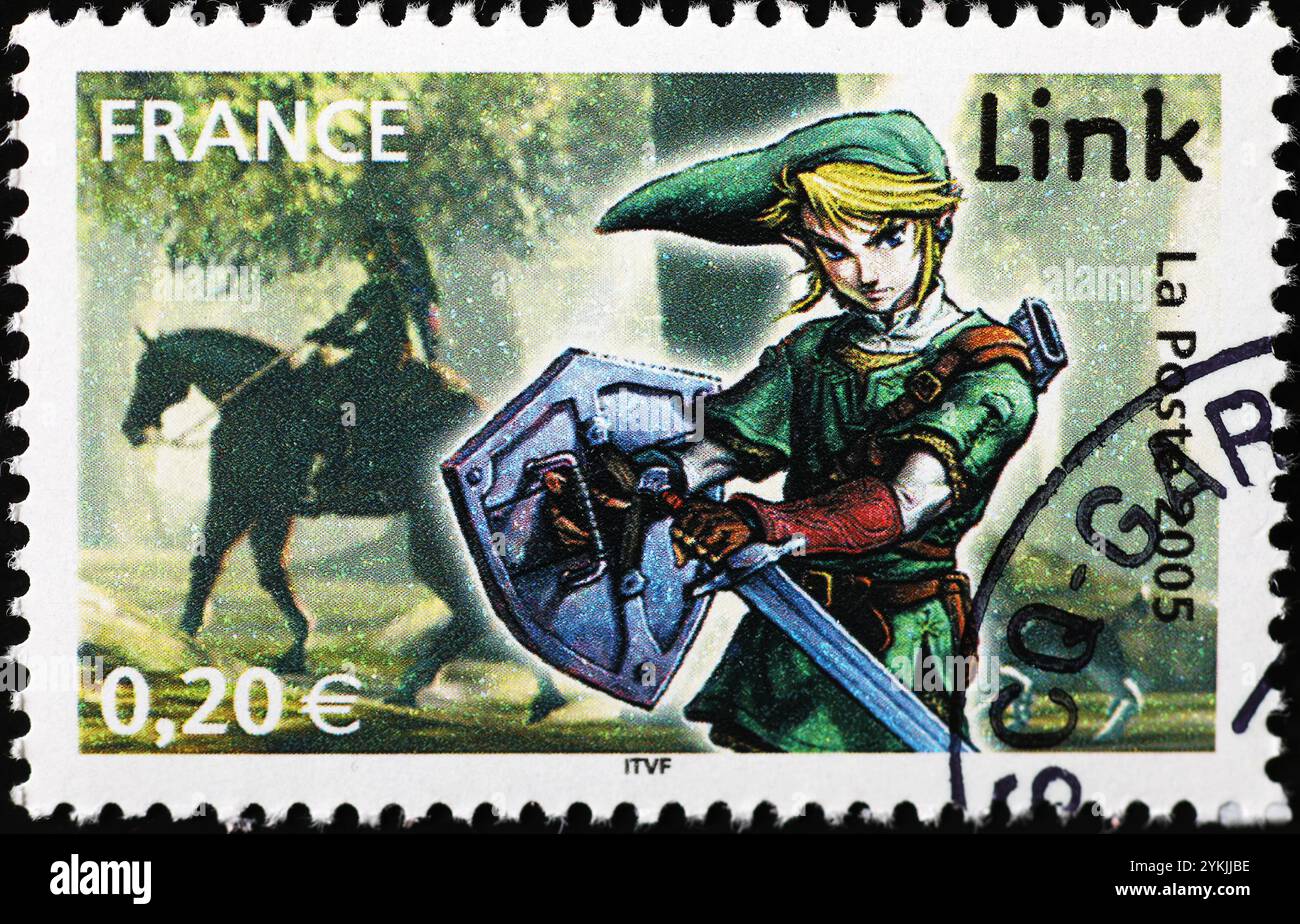 Klassisches Videospiel Link auf französischer Briefmarke Stockfoto