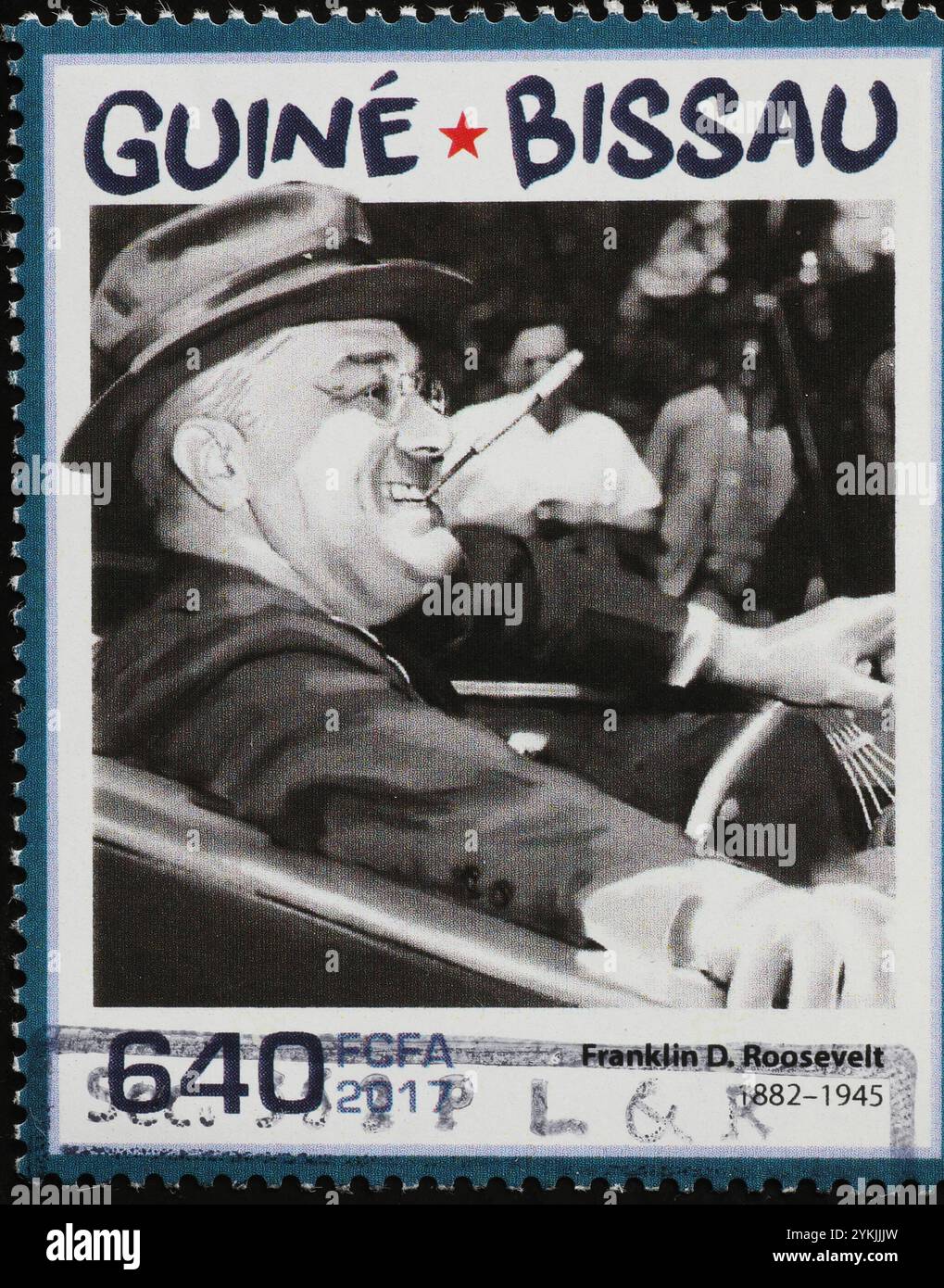 Lustiges Porträt von Franklin Delano Roosevelt auf Briefmarke Stockfoto