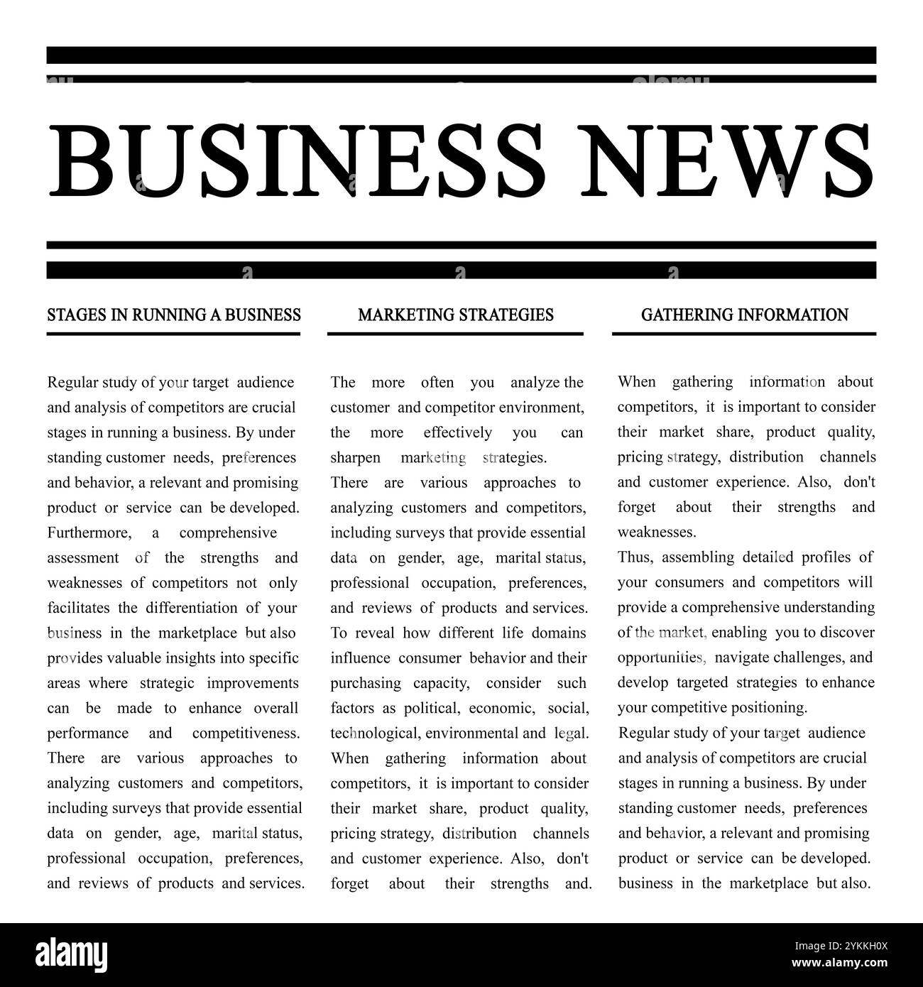 zeitungsartikel. Titel Business News und Text auf weißem Hintergrund Stockfoto