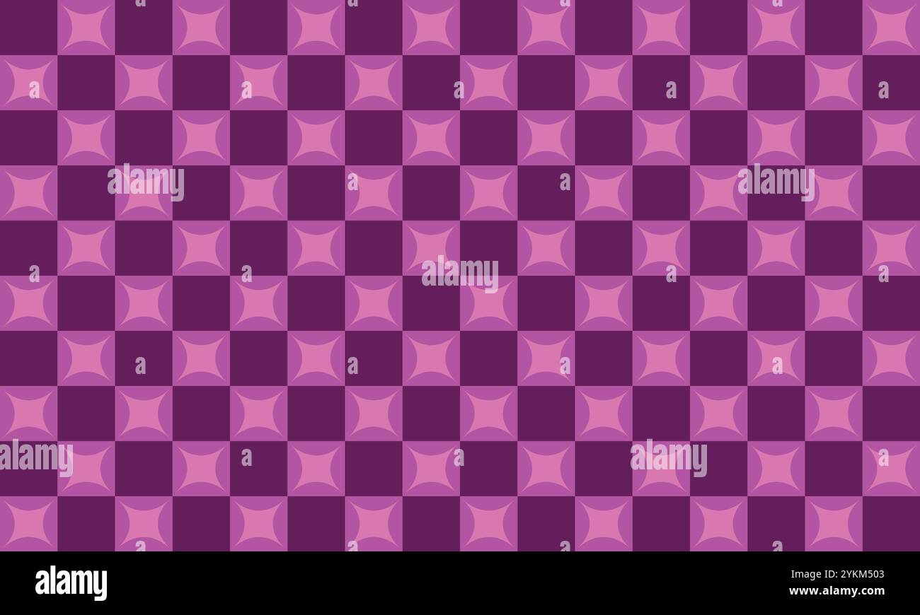 Nahtloses Muster aus lila und rosa Quadraten mit einfachen Sternformen, flachem Illustrationsstil, Vektorgrafik-Design, symmetrischer Komposition Stock Vektor