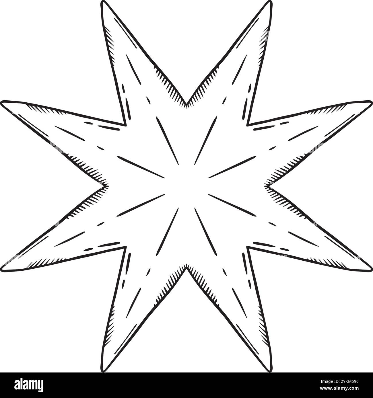 Eine elegante Illustration eines achtzackigen Sterns, perfekt für eine Vielzahl kreativer Projekte. Handgezeichnete Vektor-Schwarzweiß-Grafiken in Strichgrafik für gedruckte Materialien, Innenräume und vieles mehr. Stock Vektor