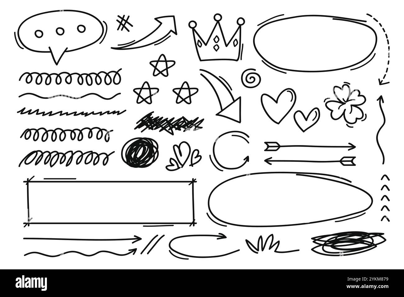 Handgezeichnete Markierstift-Striche kritzelnde Designelemente, schwarz auf weißem isoliertem Hintergrund Stock Vektor