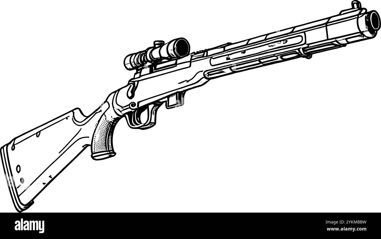 Eine detaillierte Linienzeichnung eines Gewehrs mit einem Oszilloskop, perfekt für eine Jagd- oder Militärillustration. Stock Vektor