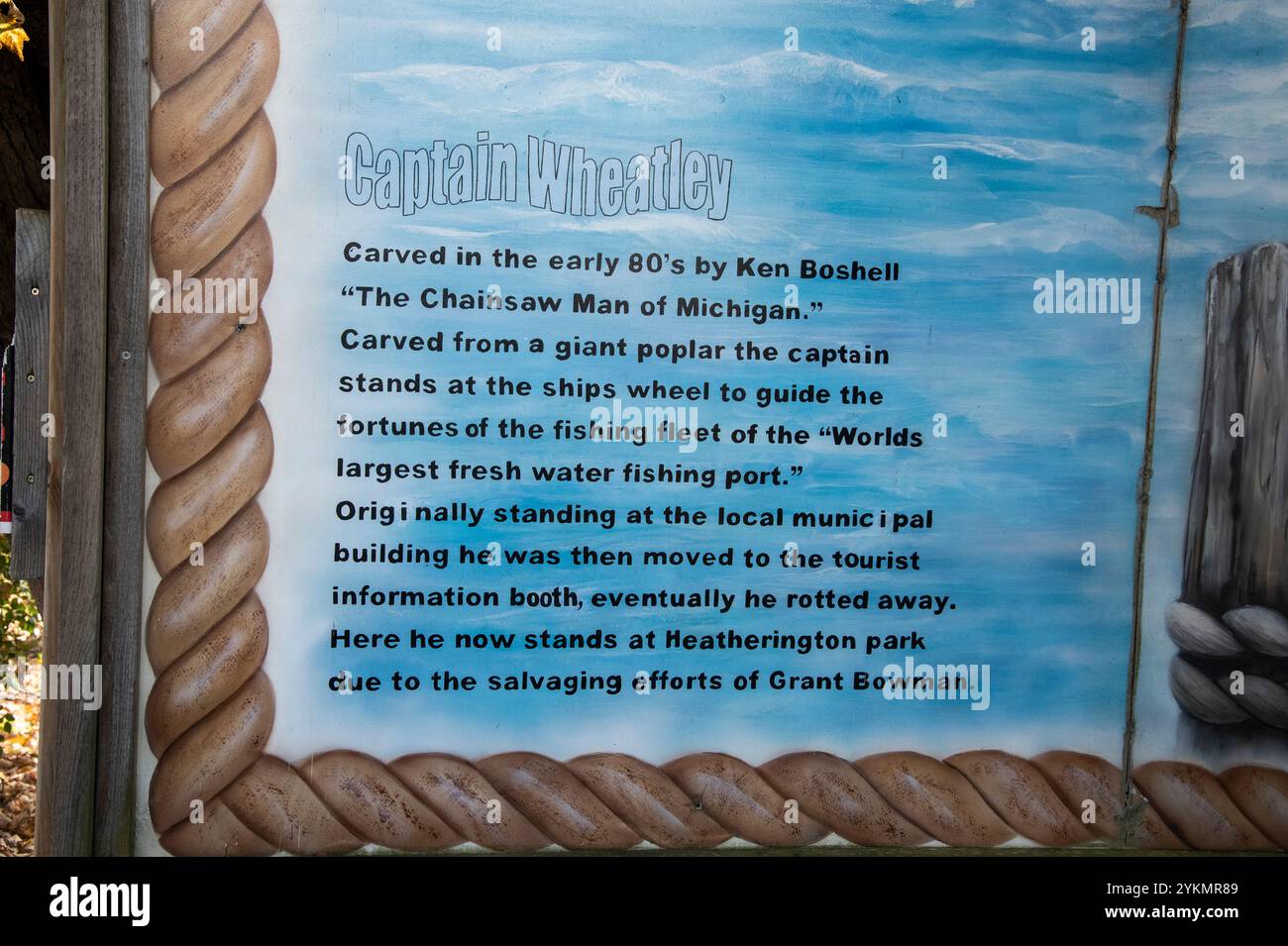 Schild für Captain Wheatley Skulptur im Heatherington Park am Talbot Trail in Wheatley, Ontario, Kanada Stockfoto