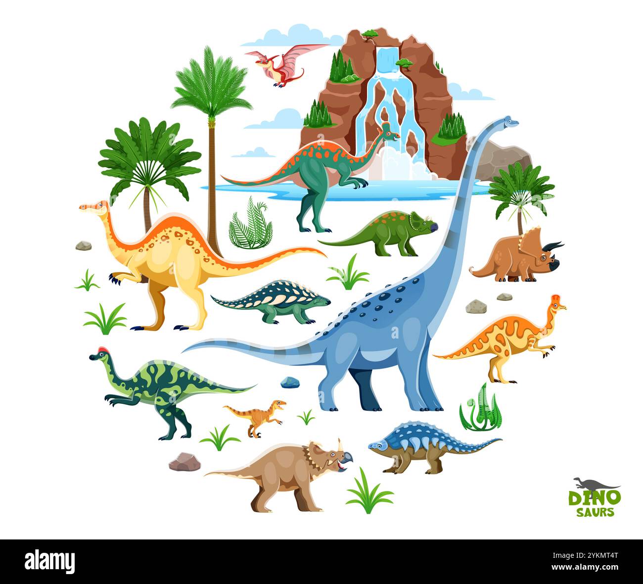 Prähistorische Cartoon-Dinosaurier in runder isolierter Form. Vektor-Dino-Spezies-Charaktere inmitten einer üppigen Landschaft aus der jurassischen Zeit mit Palmen, Farnen, Wasserfällen, tropischen Pflanzen und vulkanischen Felsen Stock Vektor