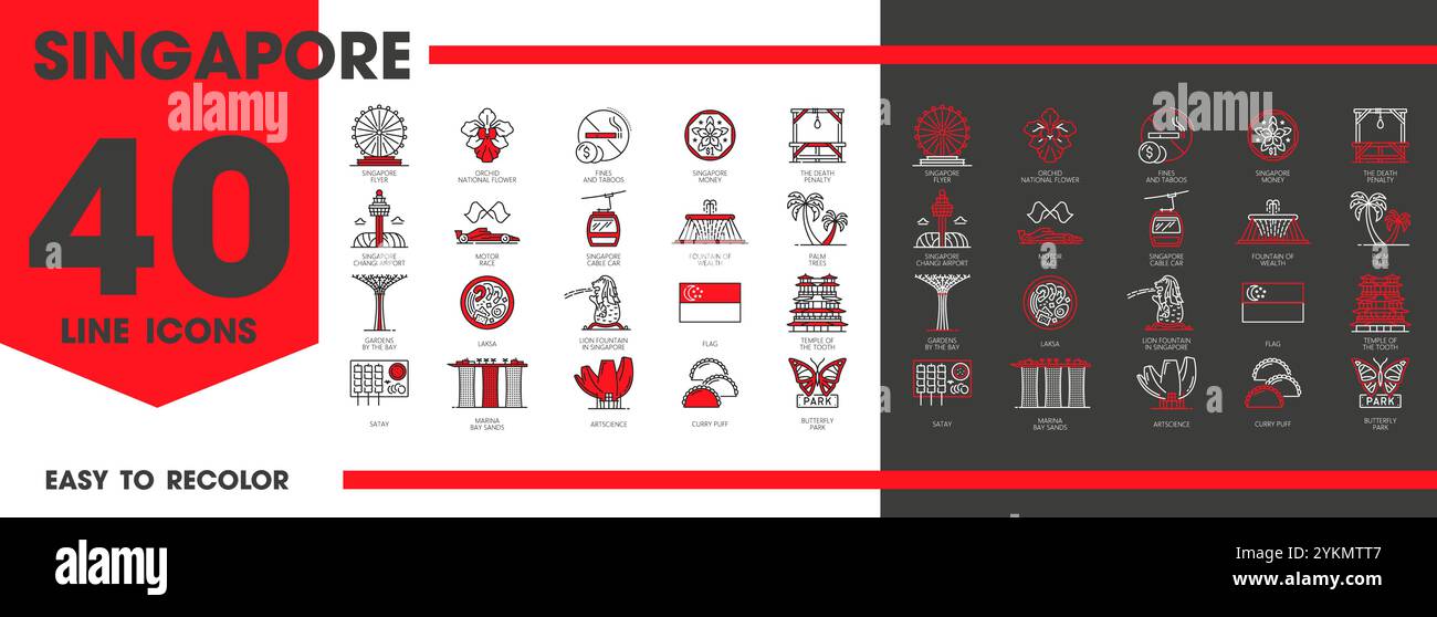 Singapur Reise Wahrzeichen zeichnen Ikonen, Vektorurlaub und Tourismus. Umreißen Sie die Flagge Singapurs, den Flughafen Changi, die Marina Bay Sands und die Museumsgebäude von ArtScience. Singapurisches Essen, Geld und Orchideen Stock Vektor