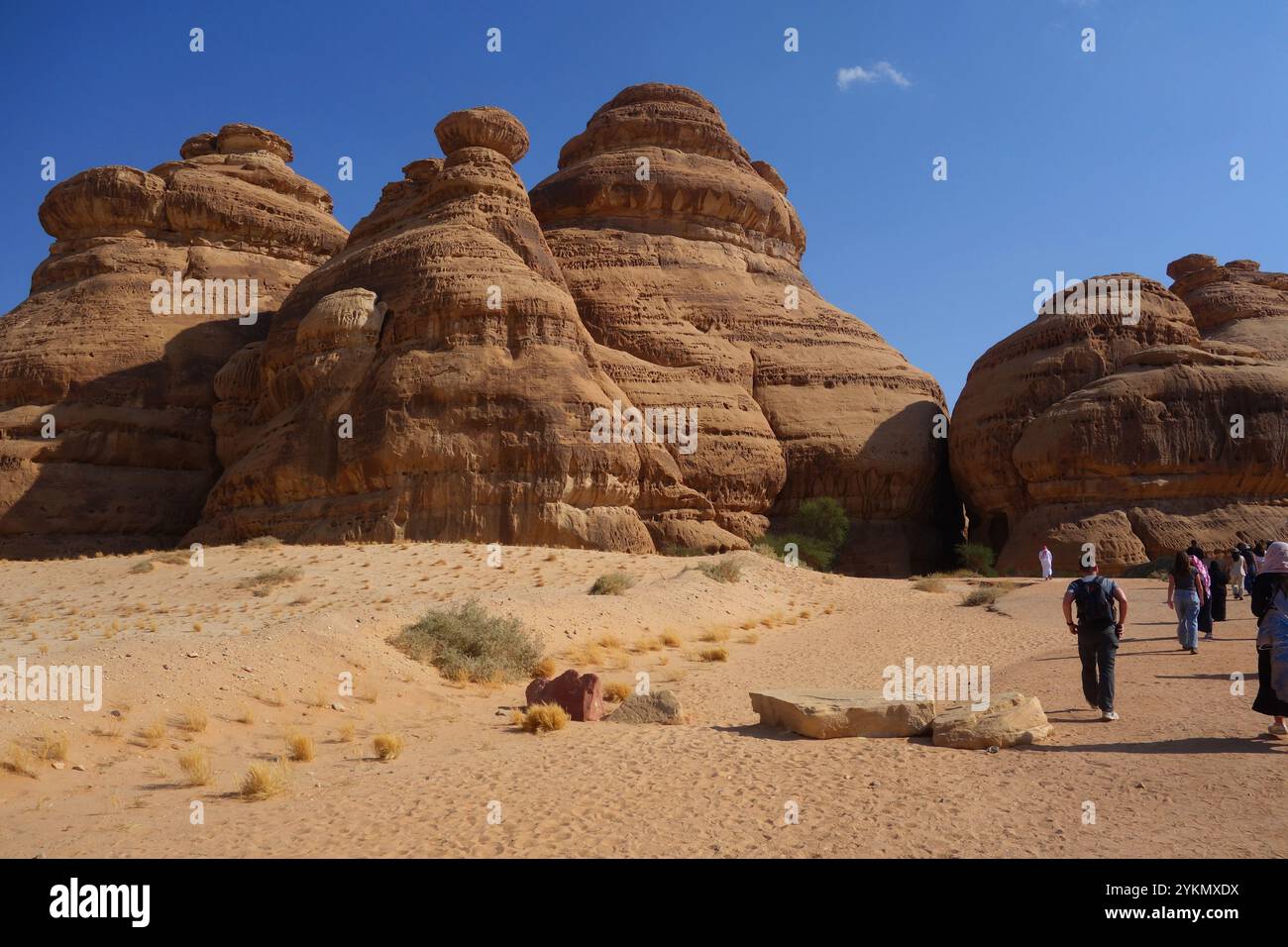 Gemischte Tourgruppe, die die antike nabatäische Siedlung Jabar Ithlib, archäologische Stätte Hegra (al-Hijr / Madā ͐ in Ṣāliḥ), in der Wüste nahe Al Ula besucht Stockfoto