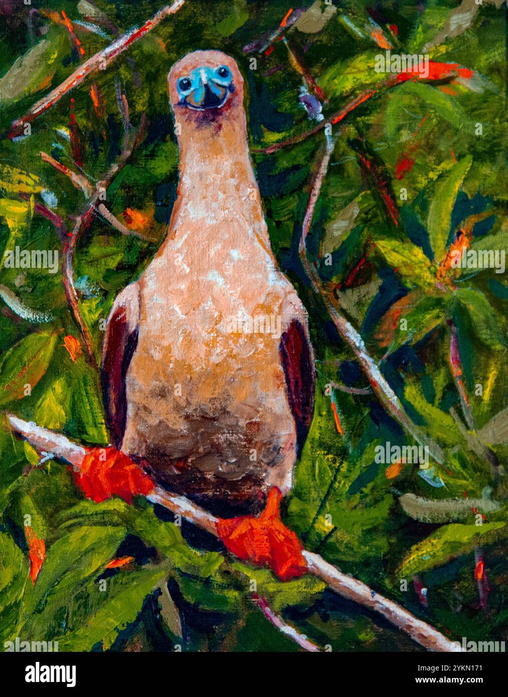 Farbenfrohes, strukturiertes Gemälde eines Rothussköpfigen auf einem Ast inmitten von leuchtend grünem Laub, das die einzigartigen Merkmale und natürlichen Lebensräume des Vogels zeigt Stockfoto