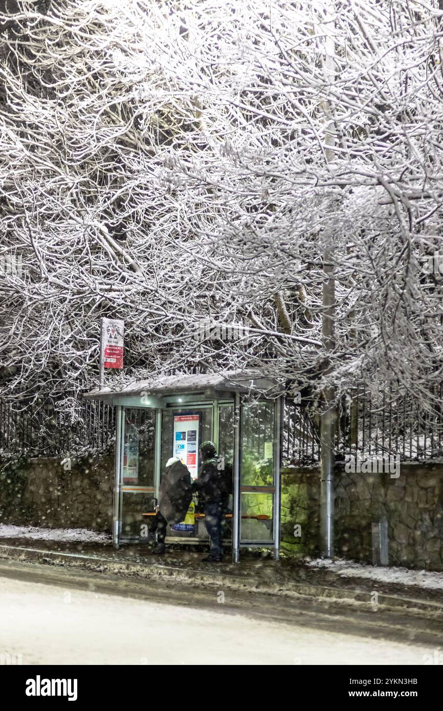 Cradley Heath, West Midlands, Großbritannien. November 2024. Wetter in Großbritannien. Die Arbeiter warten geduldig auf einen Bus, wenn der Schnee am frühen Morgen in Cradley Heath, West Midlands, fällt. Quelle: Peter Lopeman/Alamy Live News Stockfoto