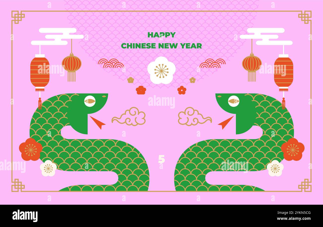 2025 Chinesisches Neujahr, glückliches chinesisches Neujahr 2025, 2025 Mondneujahr, Jahr der Schlange, moderner flacher geometrischer Stil. Chinesische Tierkreisschlange Stock Vektor