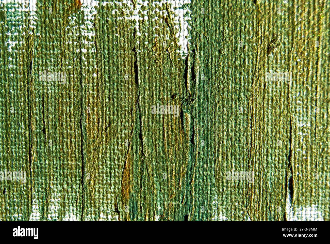 Goldene und grüne glänzende Acrylpinselstriche auf Leinwand schaffen ein lebendiges und strukturiertes abstraktes Design. Stockfoto