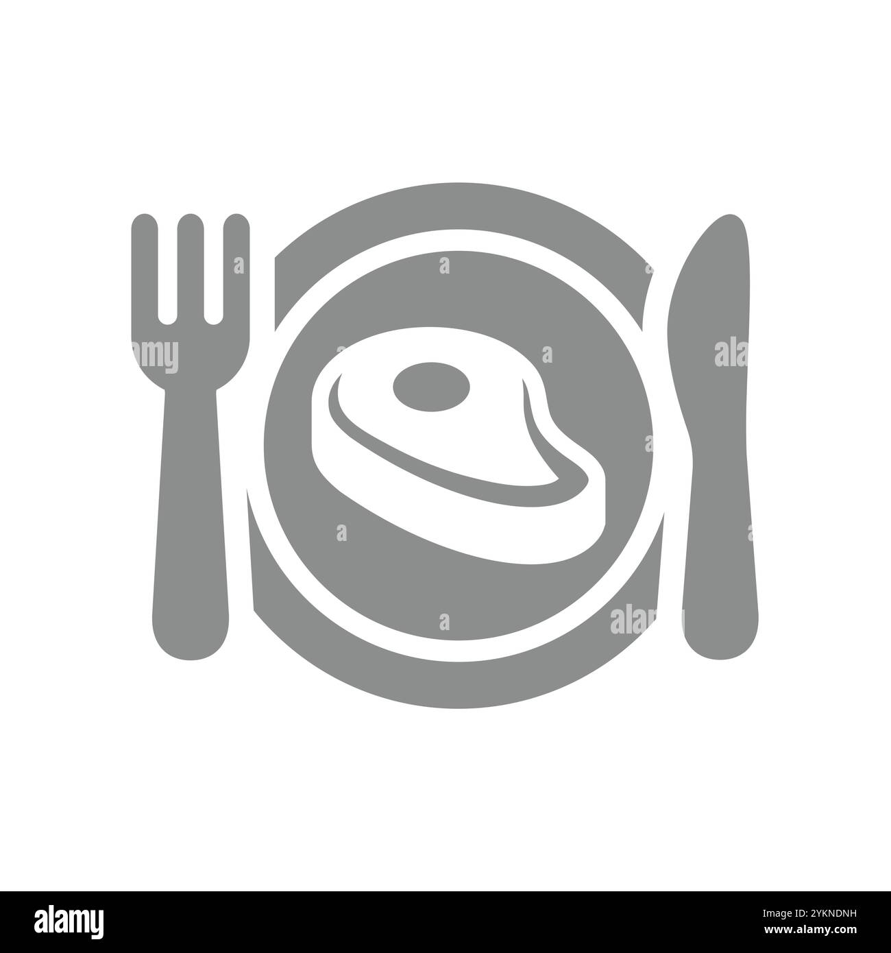 Vektorsymbol für Steakmahlzeiten. Rinderschale mit Teller-, Gabel- und Messersymbol. Stock Vektor