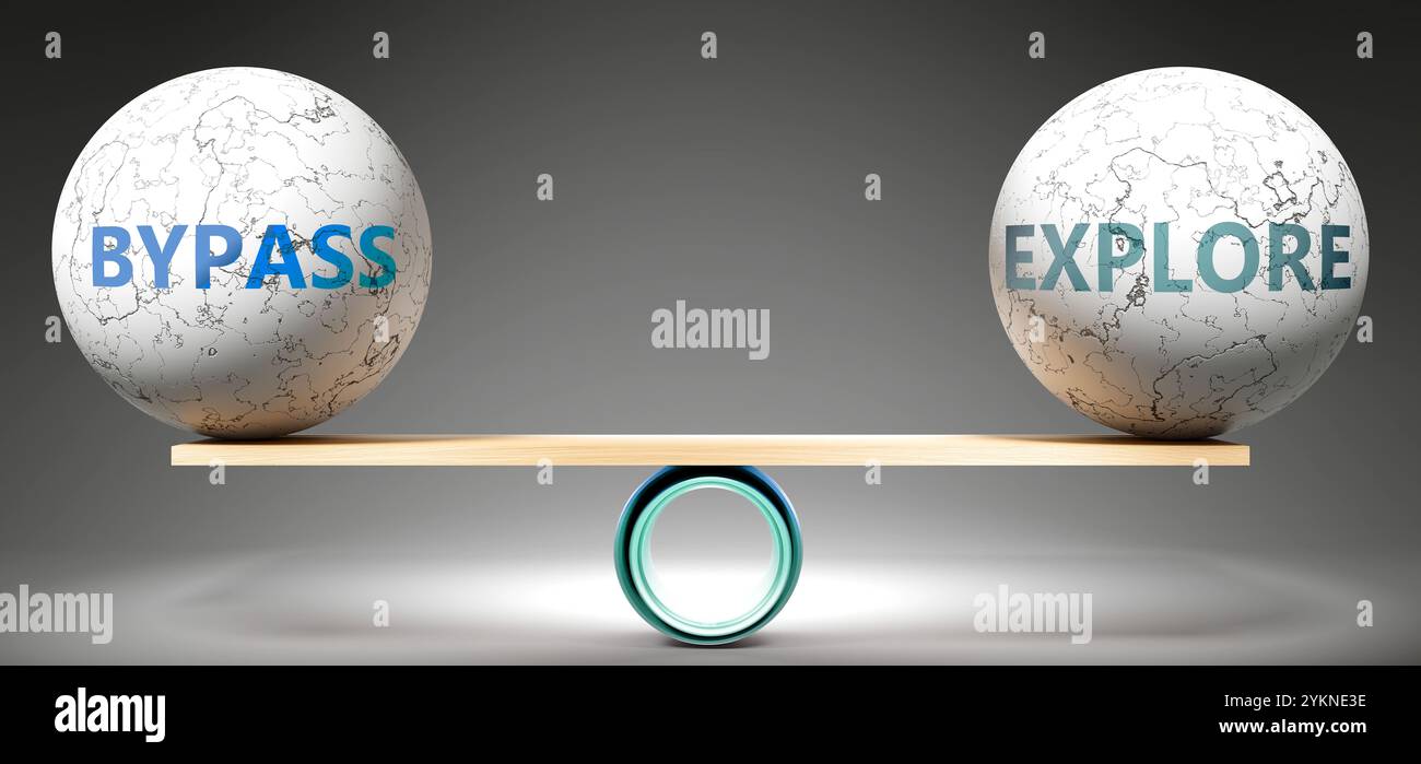 Umgehen und erkunden Sie in Balance. Eine Metapher, die Umgehungen im Gleichgewicht mit Explore zeigt und die gewünschte Harmonie zwischen ihnen symbolisiert. Stabilität. Harmoniou Stockfoto
