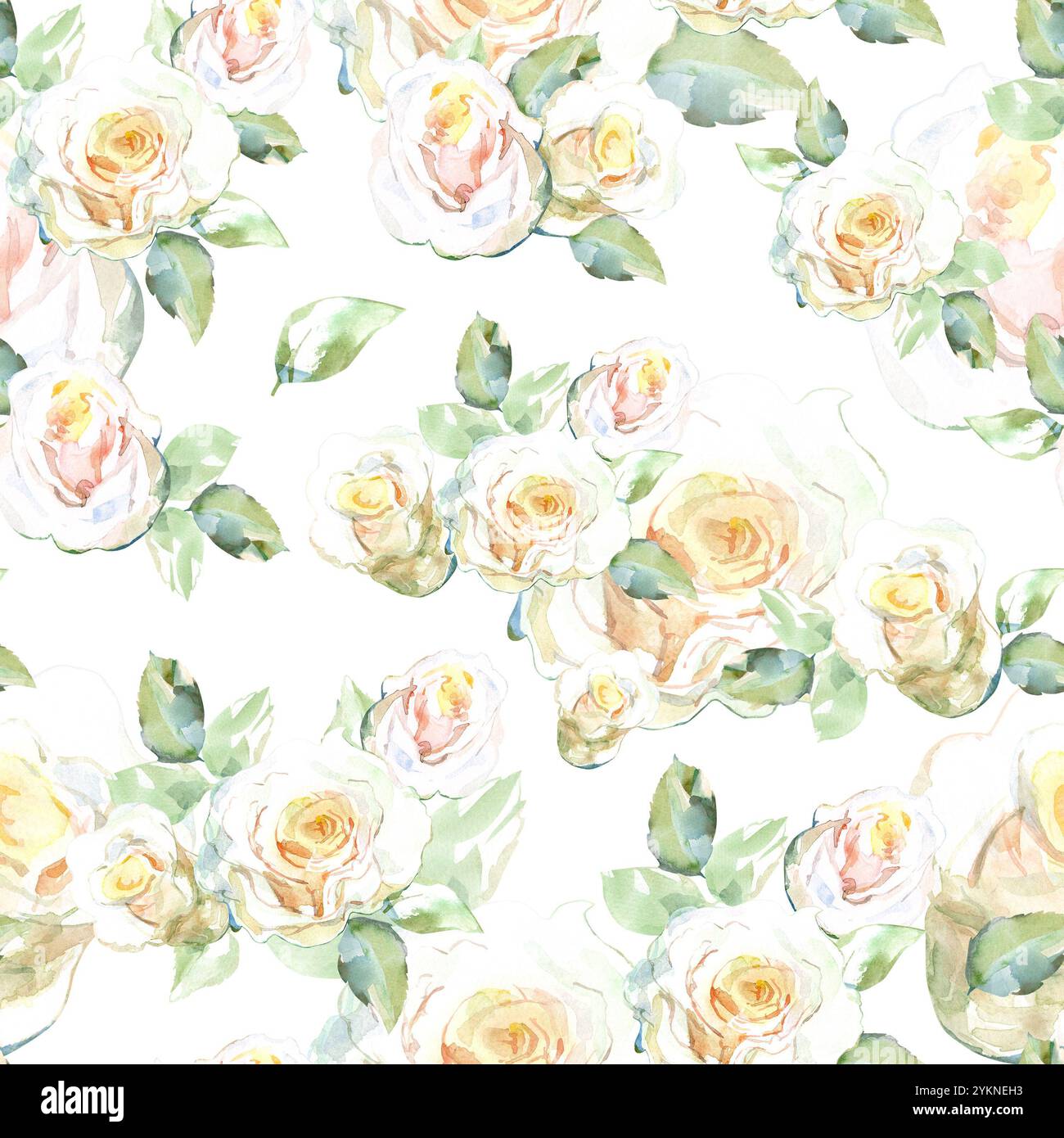 Nahtloses Muster von weißen Rosen Sträußen mit grünen Blättern in Sammlung Gartenblumen. Aquarellillustration für Blumenmuster von Stoffen, Küche Stockfoto
