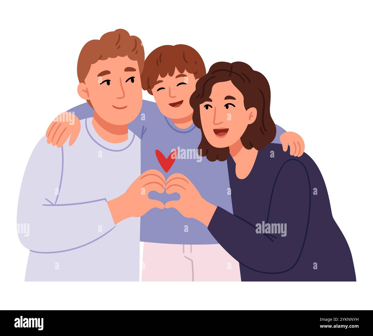 Glückliche Familienumarmung. Mom Dad und Sohn. Herzsymbol mit Händen. Glückliche Eltern, die ihren Adoptivsohn umarmen Stock Vektor